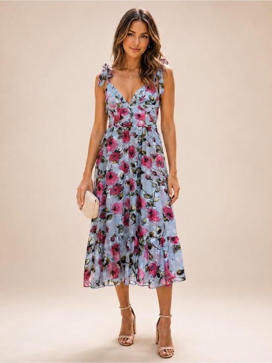 Lulus Dresses & Skirts - Lulus Women’s Large Light Blue Floral Tie-Strap Midi Dress Garden Party Wedding